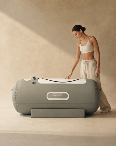 Saturate Origin — 1.5 ATA Soft-Shell Hyperbaric Chamber — Studio render, front quarter