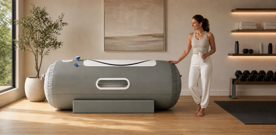 Saturate Origin — 1.5 ATA Soft-Shell Hyperbaric Chamber — Studio render, three-quarter