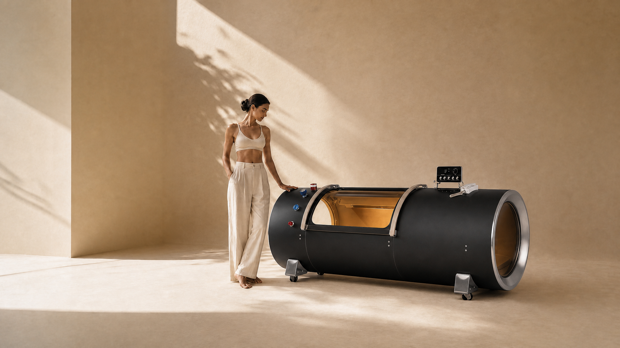 A woman beside the Saturate hard-shell hyperbaric chamber in a warm, light-filled home