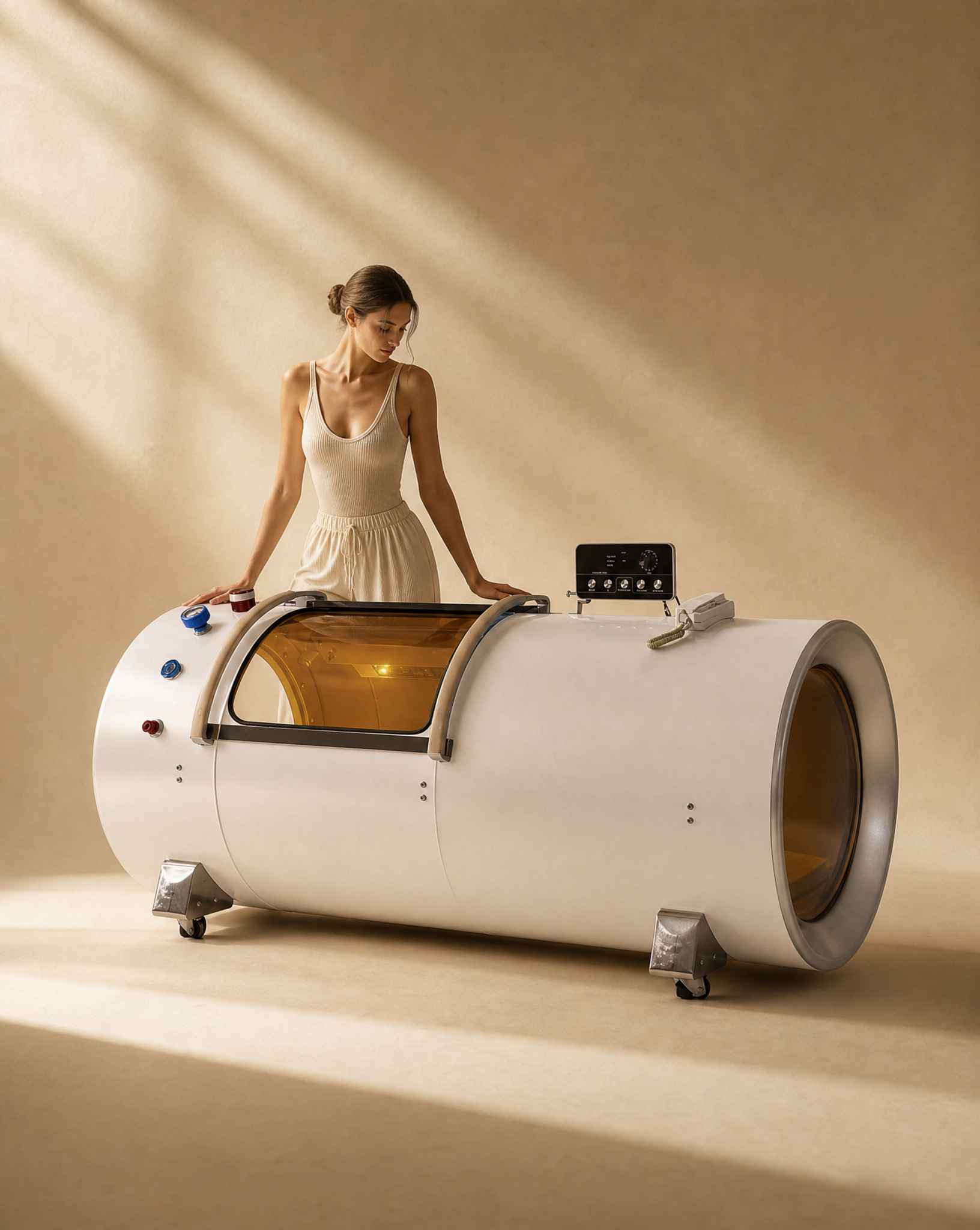 The Saturate hard-shell chamber in white, in a warm home setting